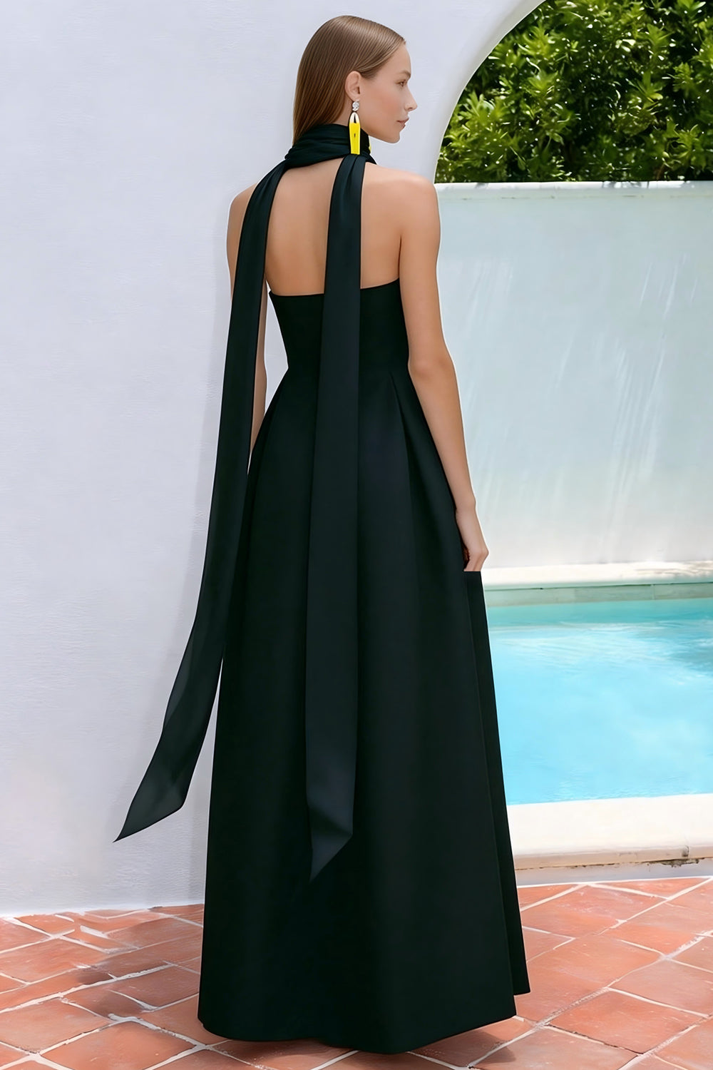 Navy Strapless Neck Scarf A Line Long Evening Dress