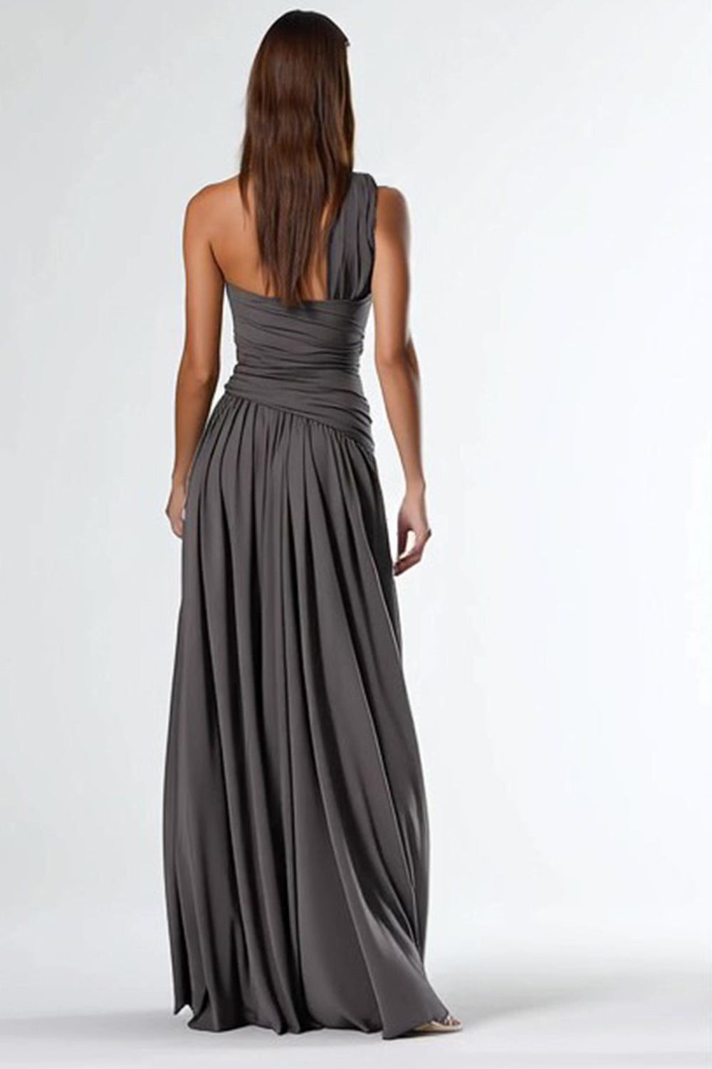 Dark Grey A Line One Shoulder Long Evening Dress with Slit