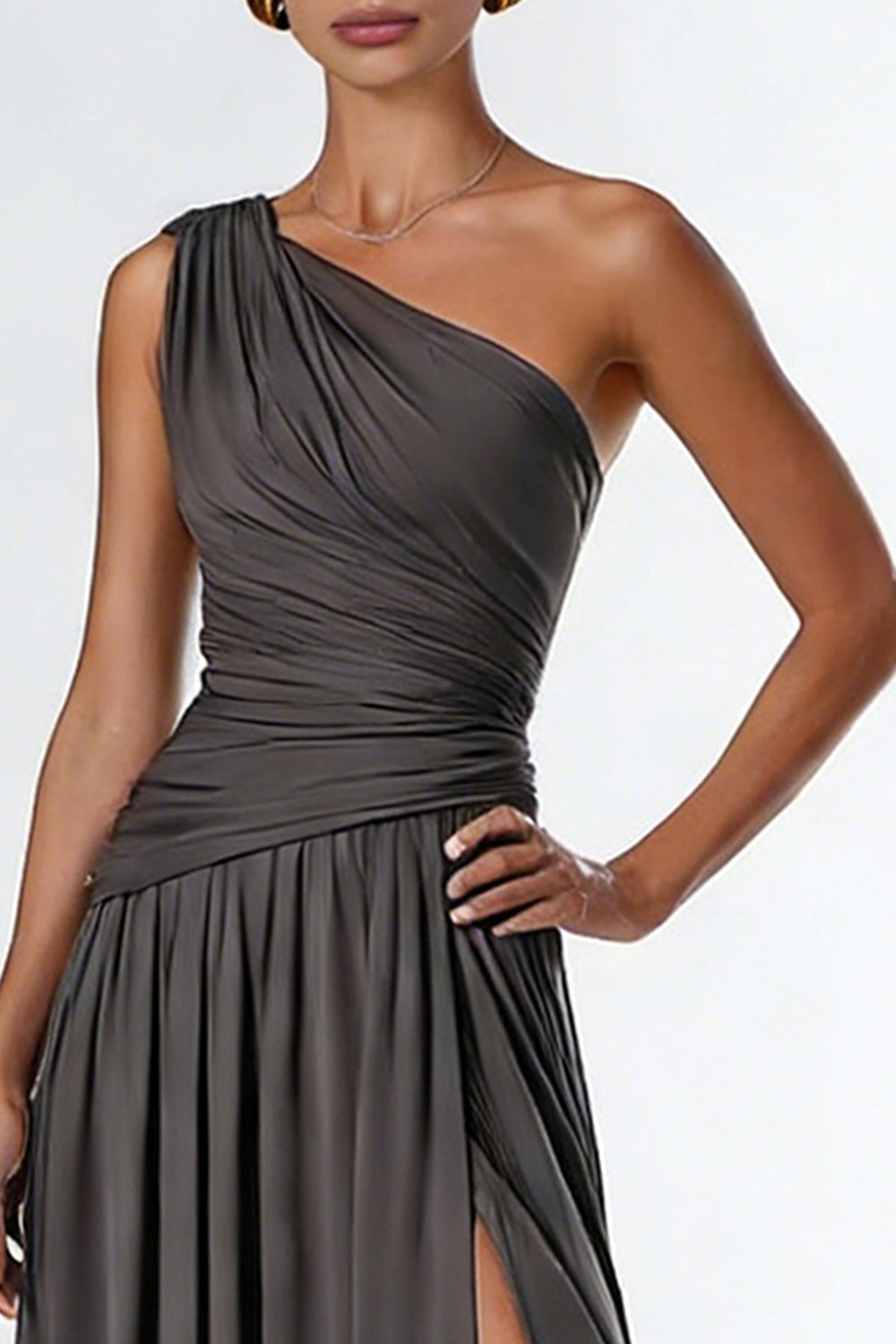 Dark Grey A Line One Shoulder Long Evening Dress with Slit