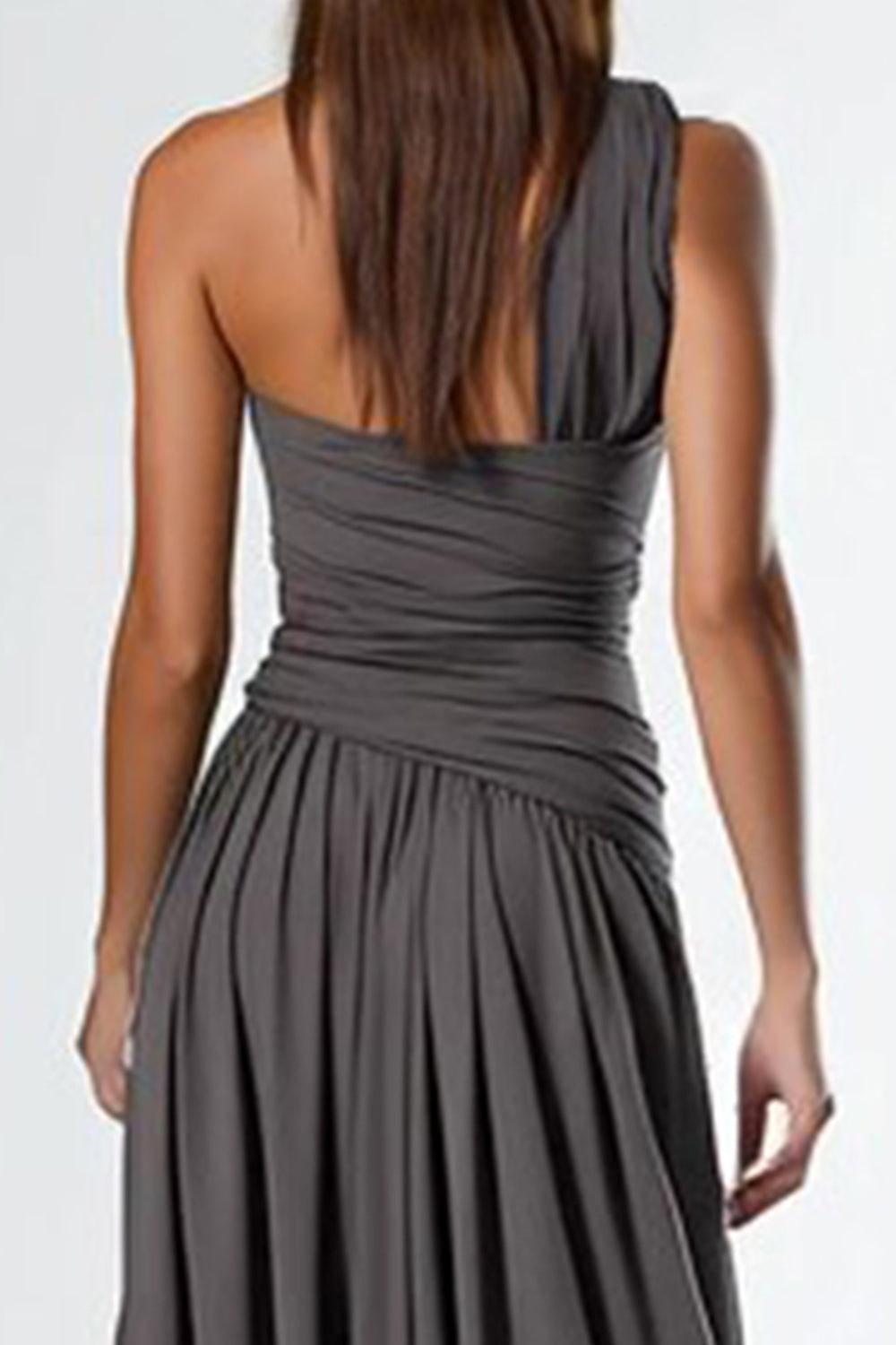 Dark Grey A Line One Shoulder Long Evening Dress with Slit