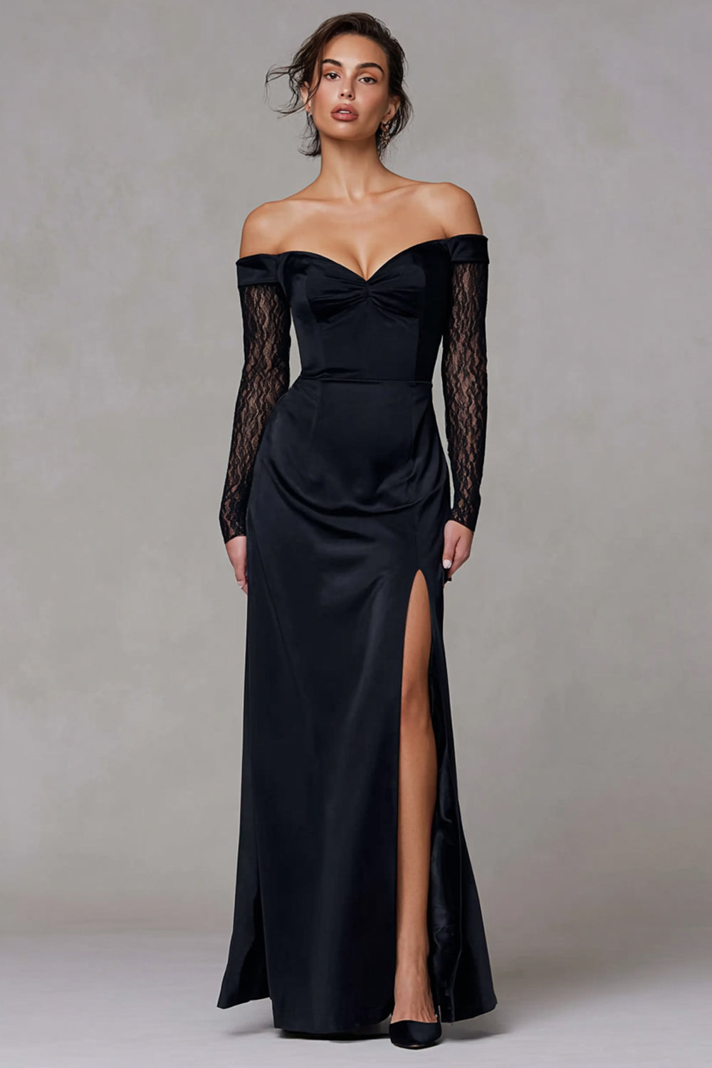 Black Off the Shoulder Long Sheath Evening Dress with Lace