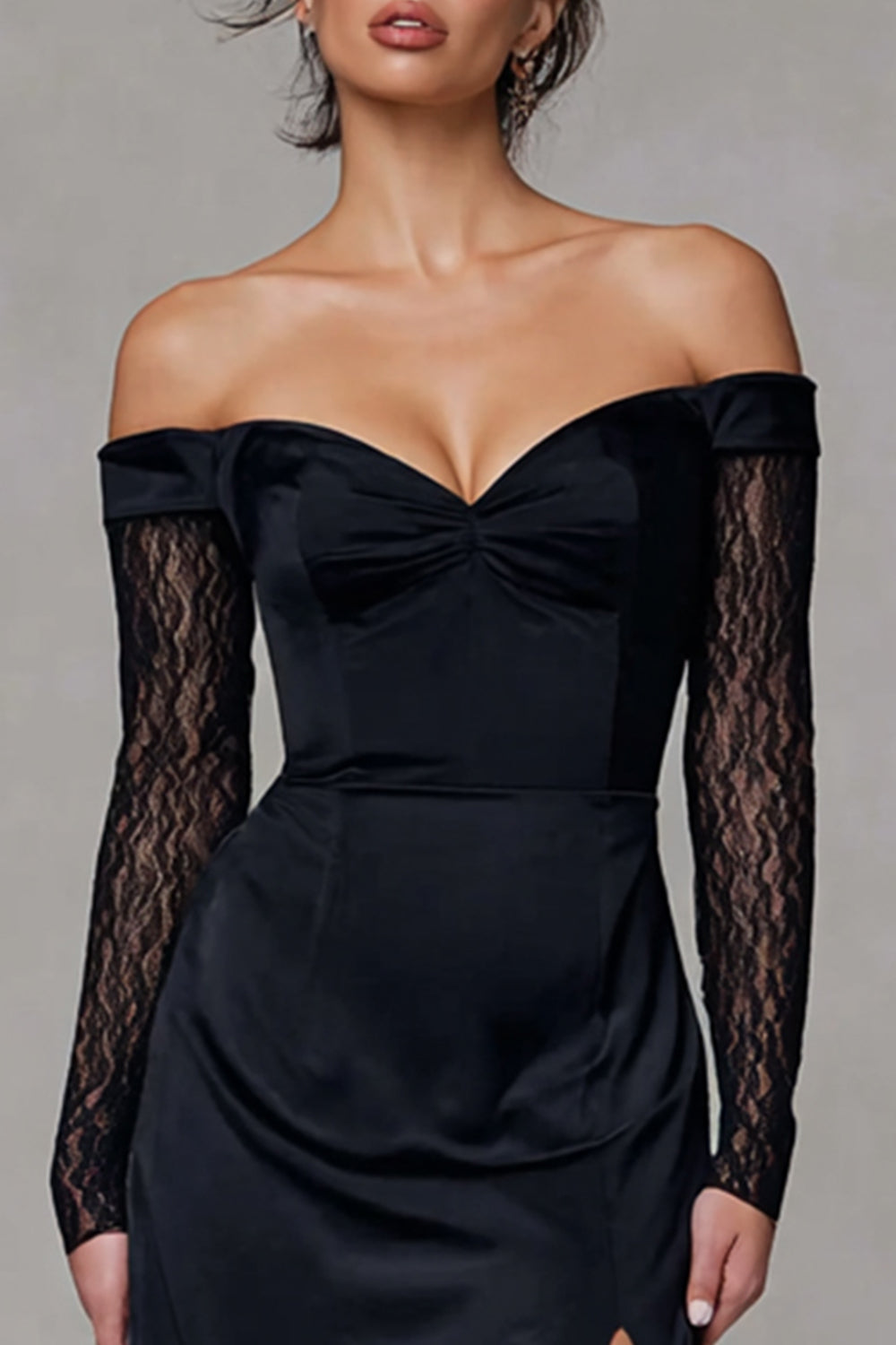 Black Off the Shoulder Long Sheath Evening Dress with Lace