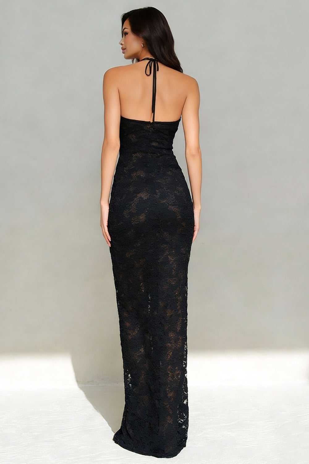 Black Lace Mermaid Halter Neck Long Evening Dress with Keyhole