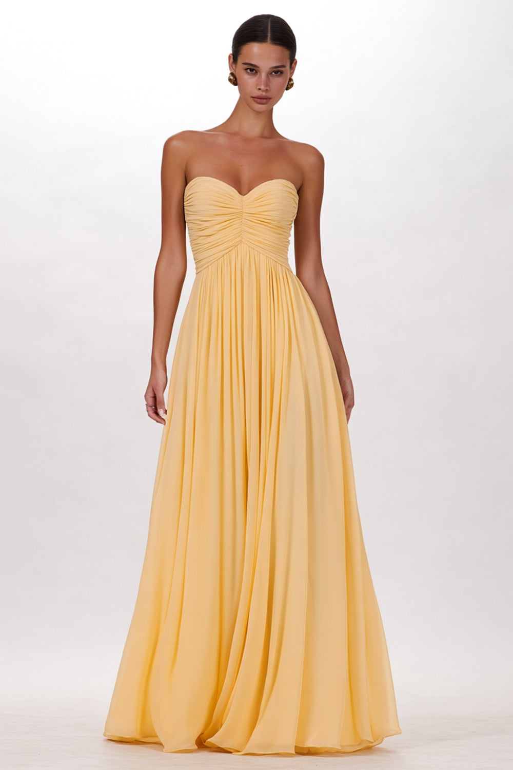 Yellow Chiffon Pleated Sweetheart A Line Long Evening Dress