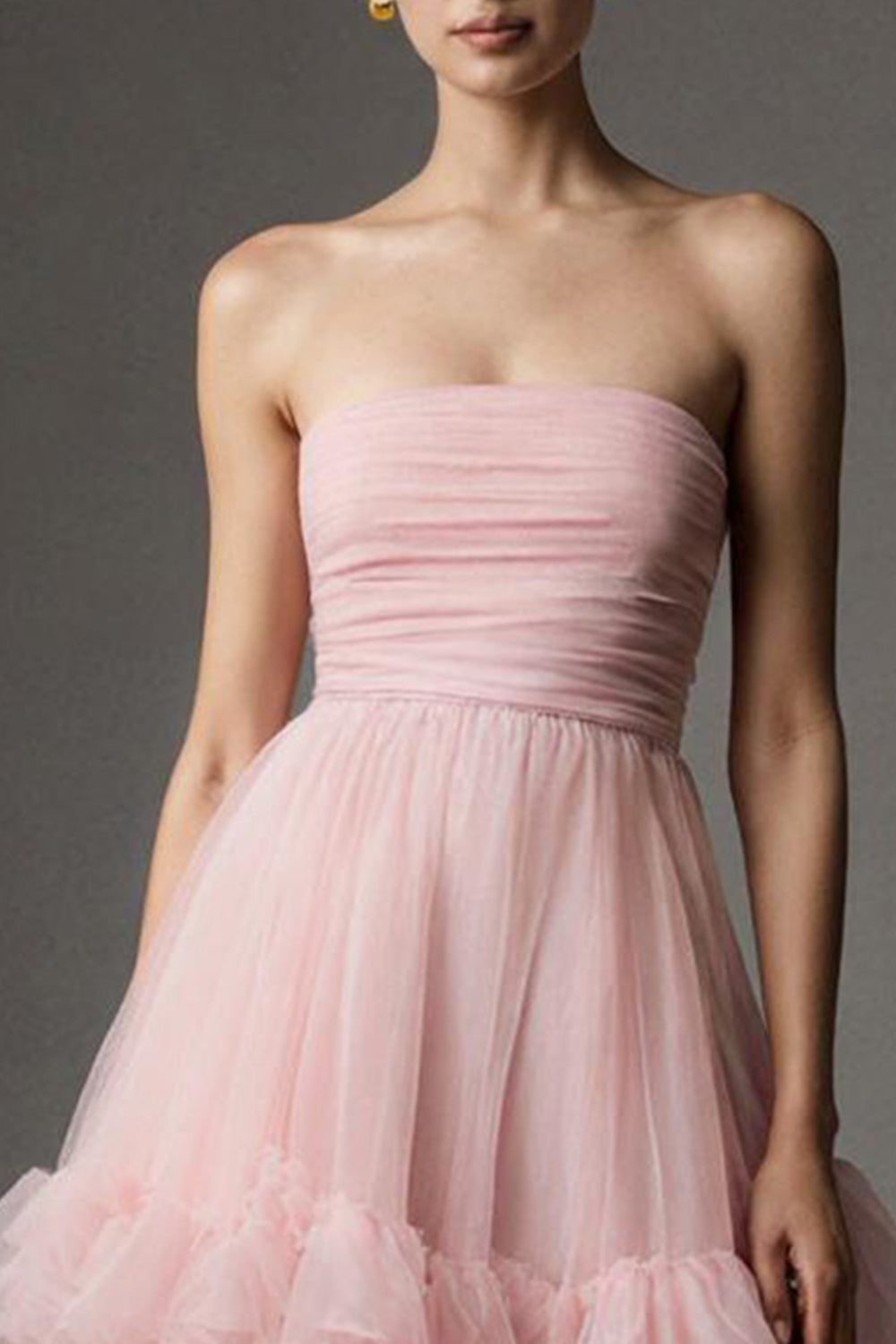 Pink Tulle Ruffled Strapless A Line Ankle Length Evening Dress