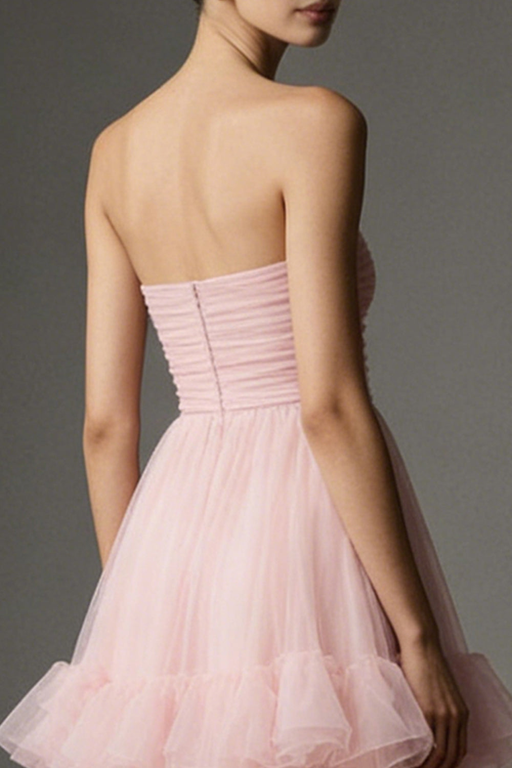 Pink Tulle Ruffled Strapless A Line Ankle Length Evening Dress