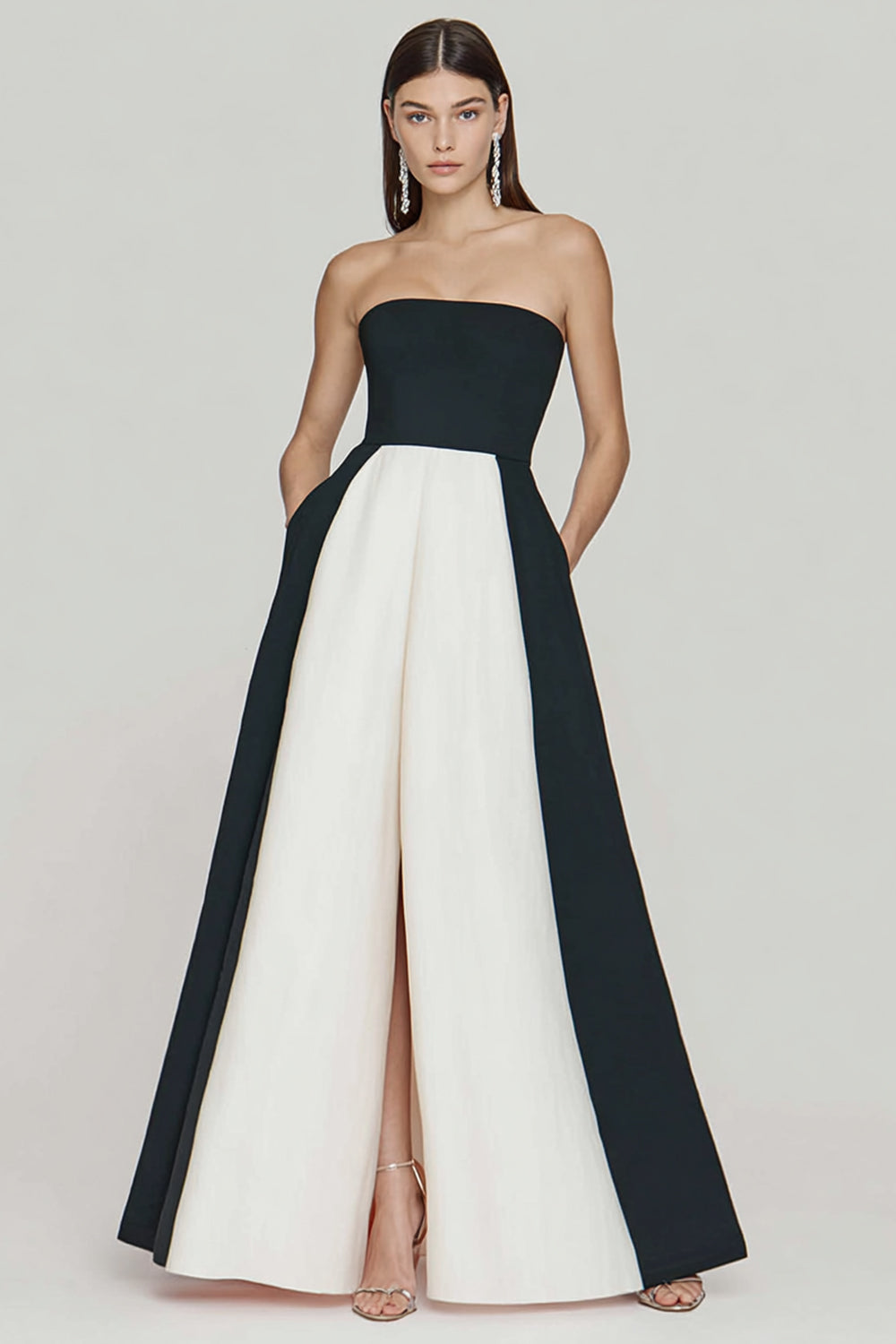 Black and White A Line Strapless Long Evening Dress with Slit