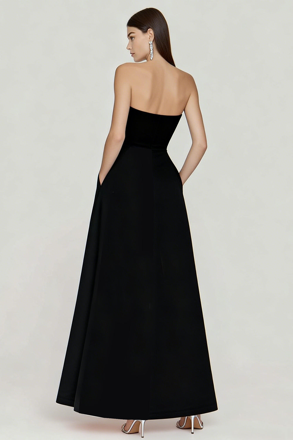 Black and White A Line Strapless Long Evening Dress with Slit