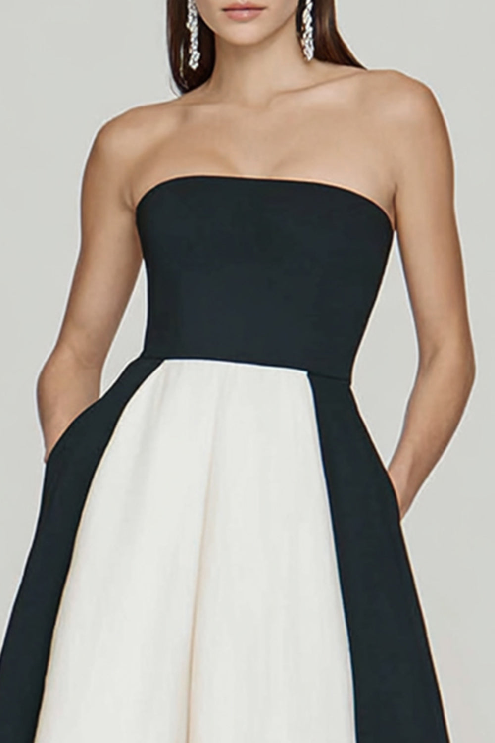 Black and White A Line Strapless Long Evening Dress with Slit