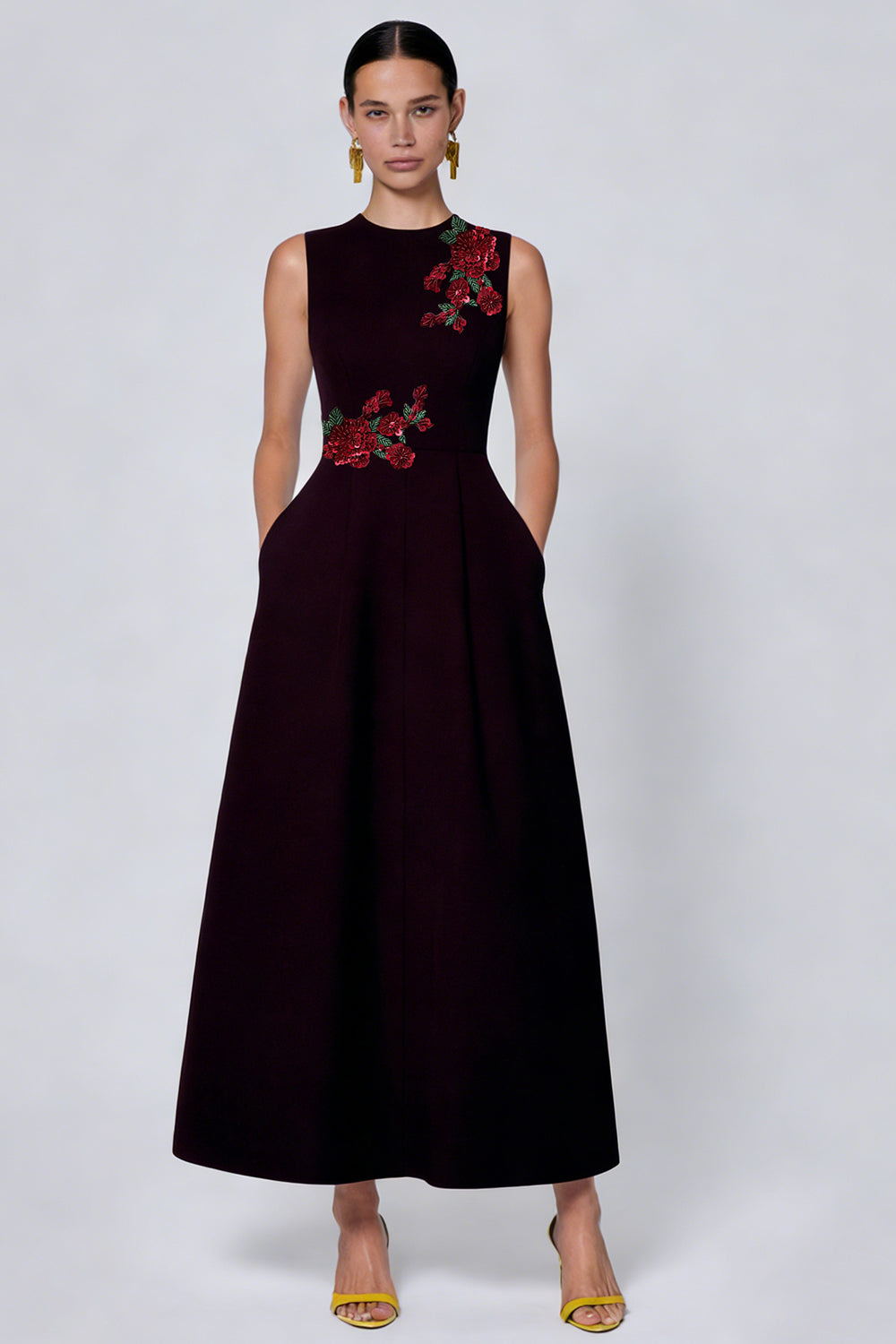 Black Floral A Line Round Neck Ankle Length Evening Dress
