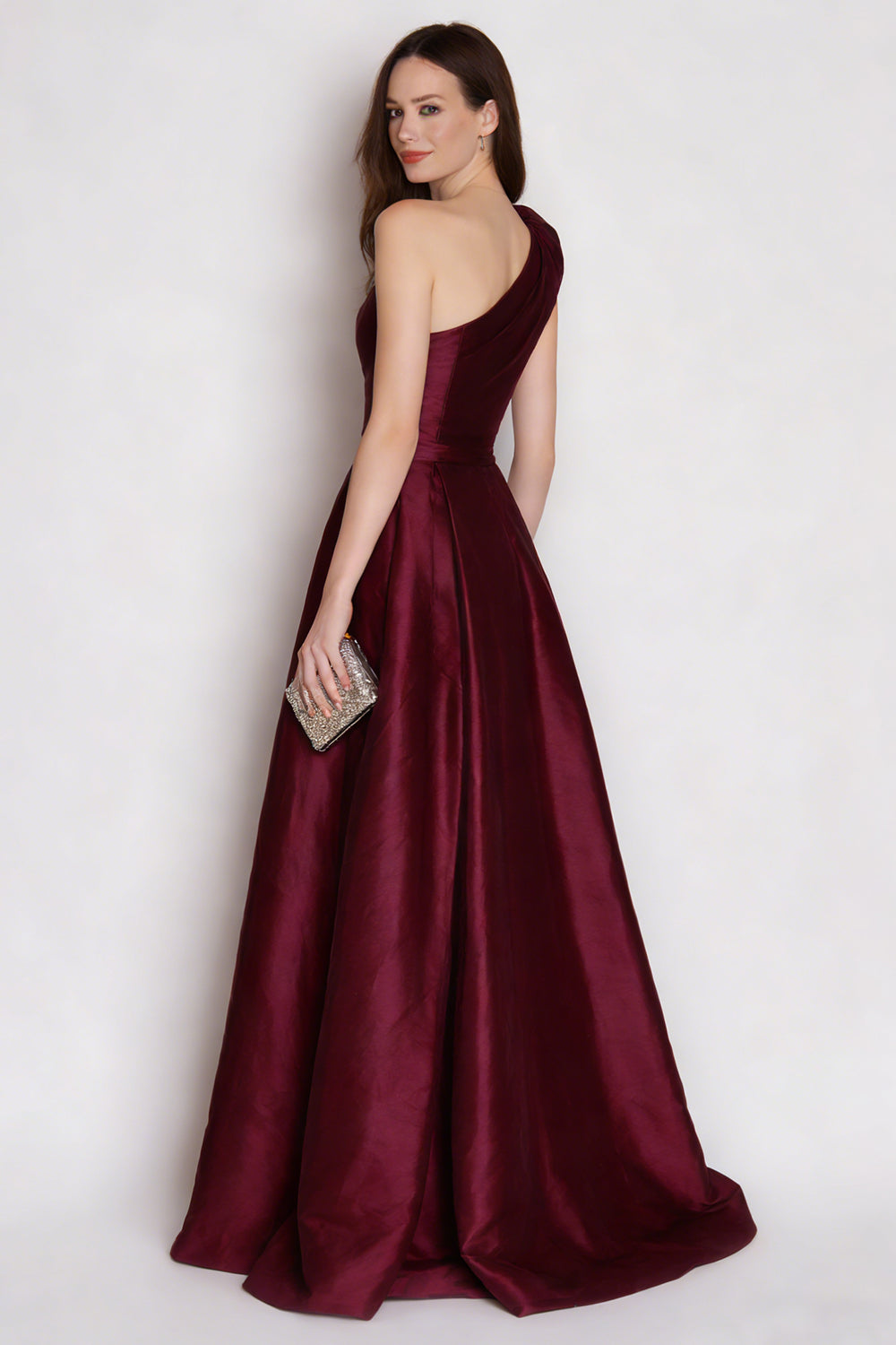 Burgundy A Line One Shoulder Long Satin Evening Dress