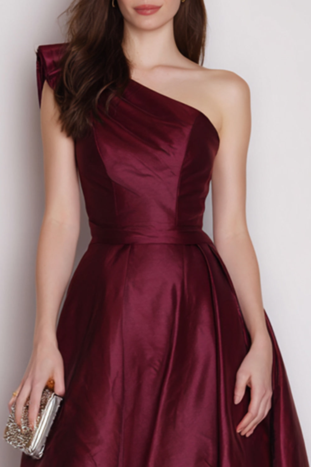 Burgundy A Line One Shoulder Long Satin Evening Dress