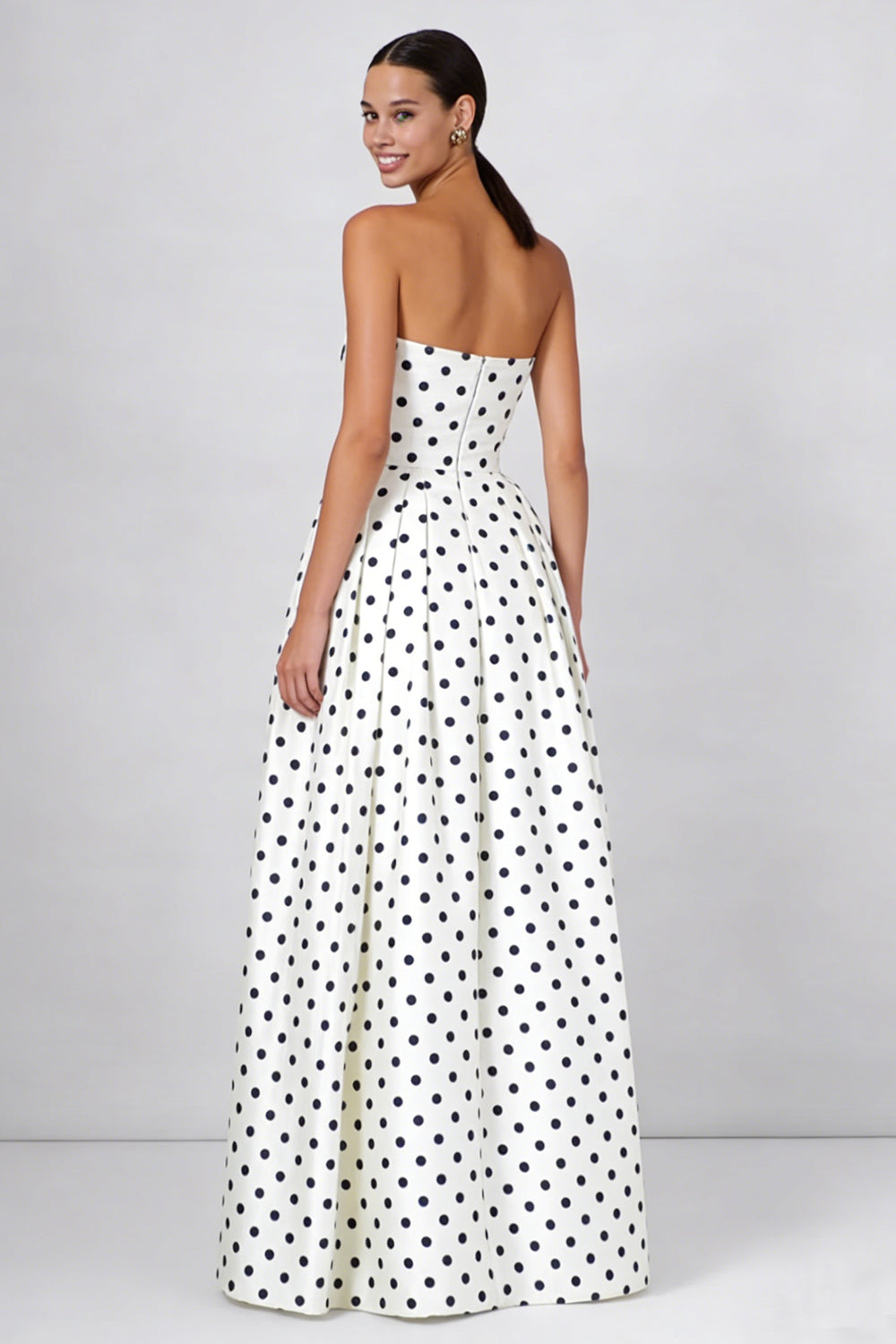 Black and White Polka Dots A Line Strapless Long Evening Dress