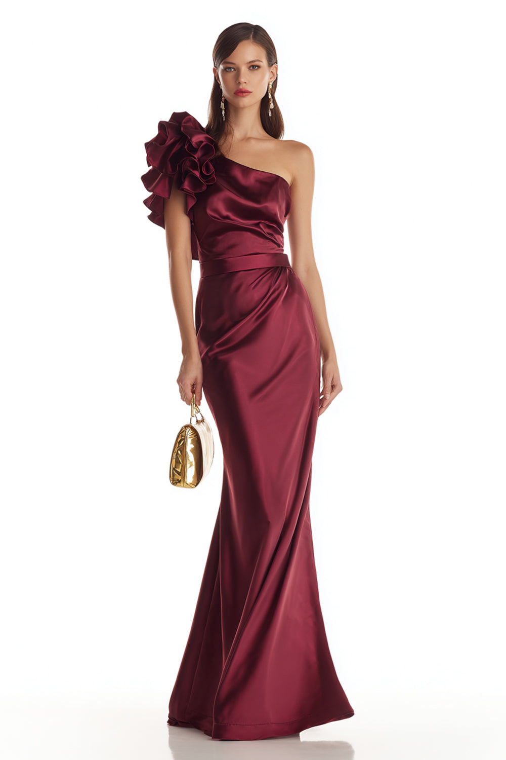 Burgundy One Shoulder Satin Long Mermaid Evening Dress with 3D Flower