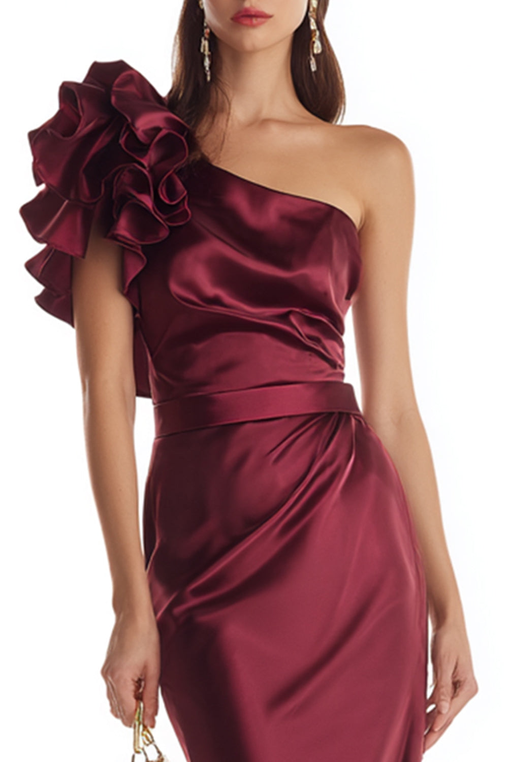 Burgundy One Shoulder Satin Long Mermaid Evening Dress with 3D Flower