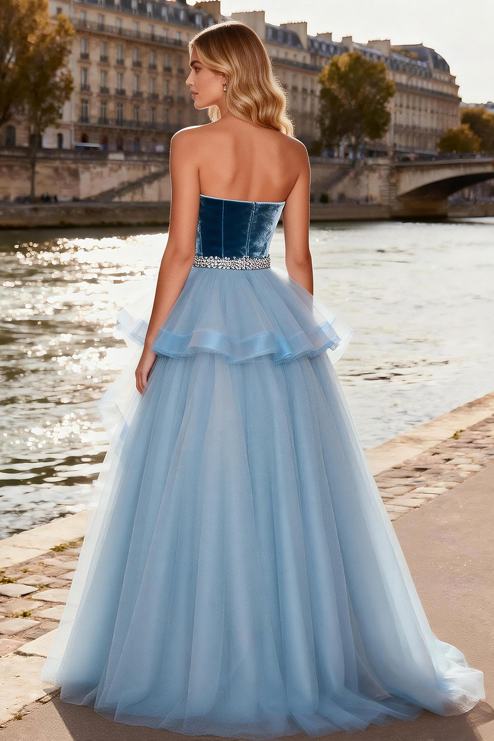 Sparkly Sky Blue A Line Ball Gown Long Velvet Prom Dress with Ruffles