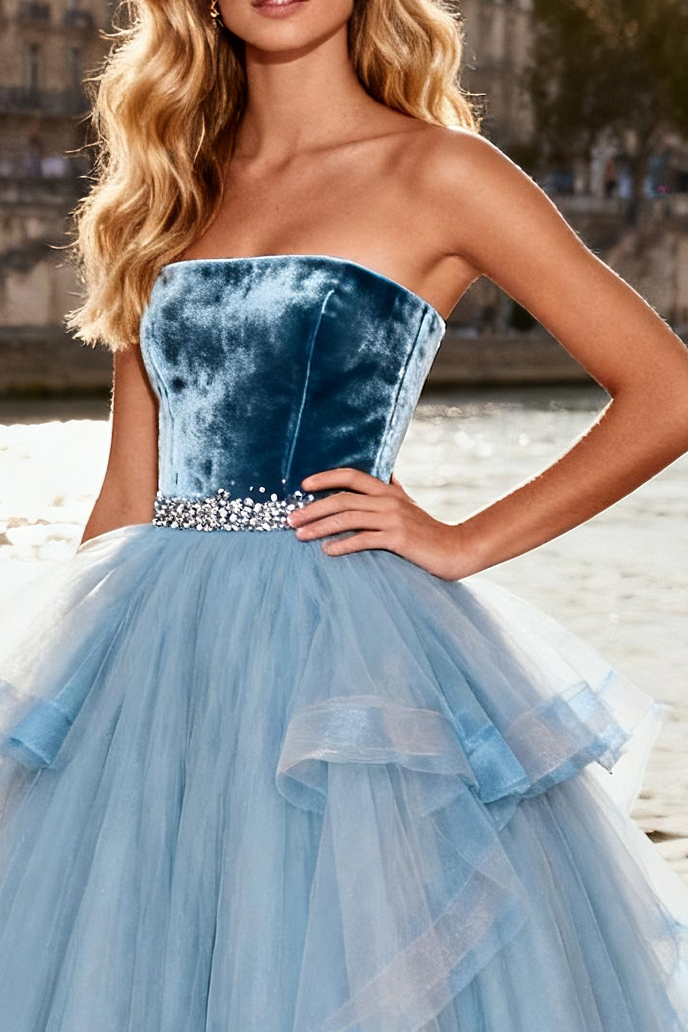 Sparkly Sky Blue A Line Ball Gown Long Velvet Prom Dress with Ruffles