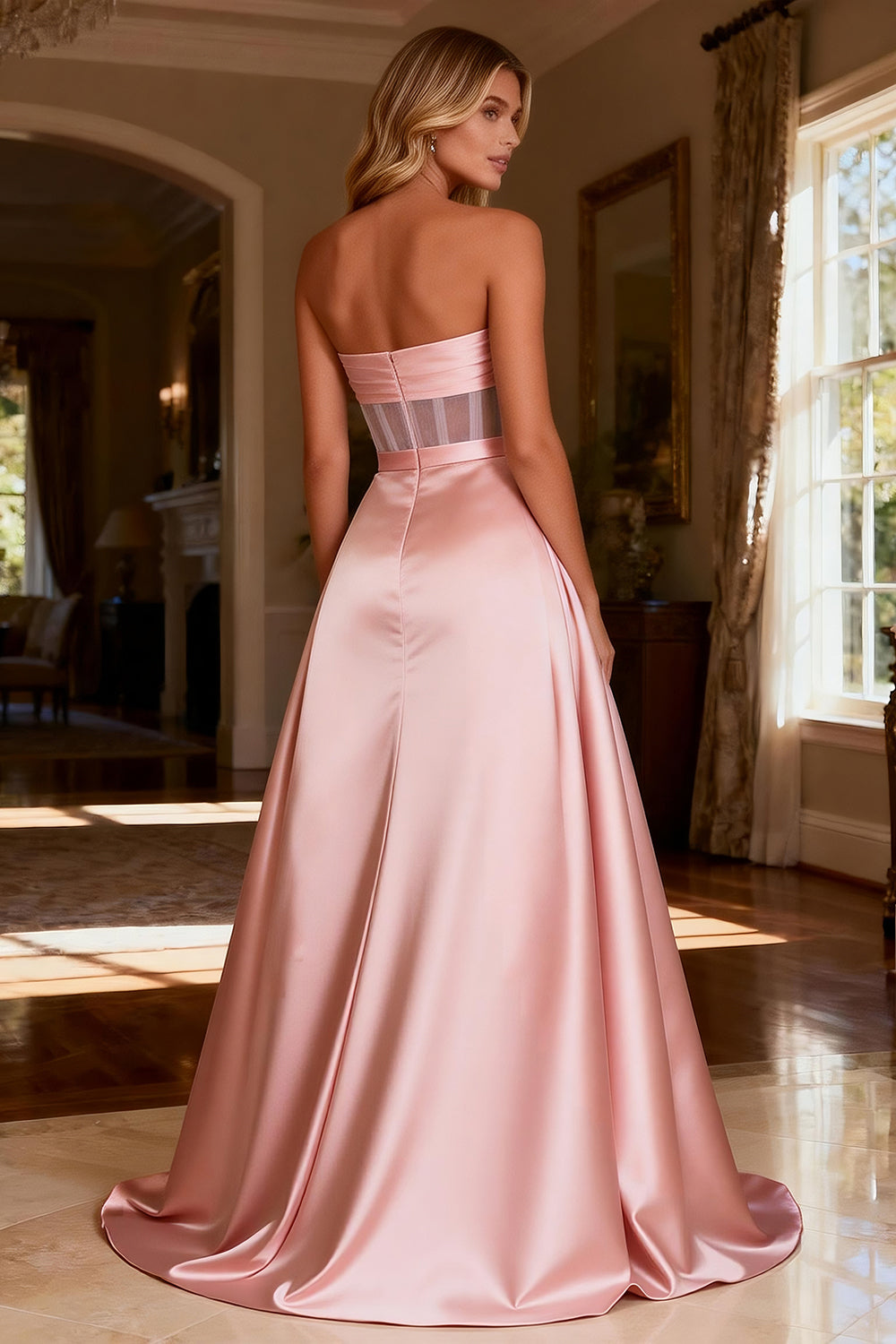 Sparkly Pink Satin Sweetheart Beaded Long Corset Prom Dress