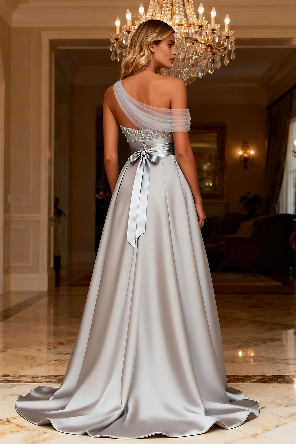 Sparkly Grey Satin A Line Long One Shoulder Prom Dress with Bow