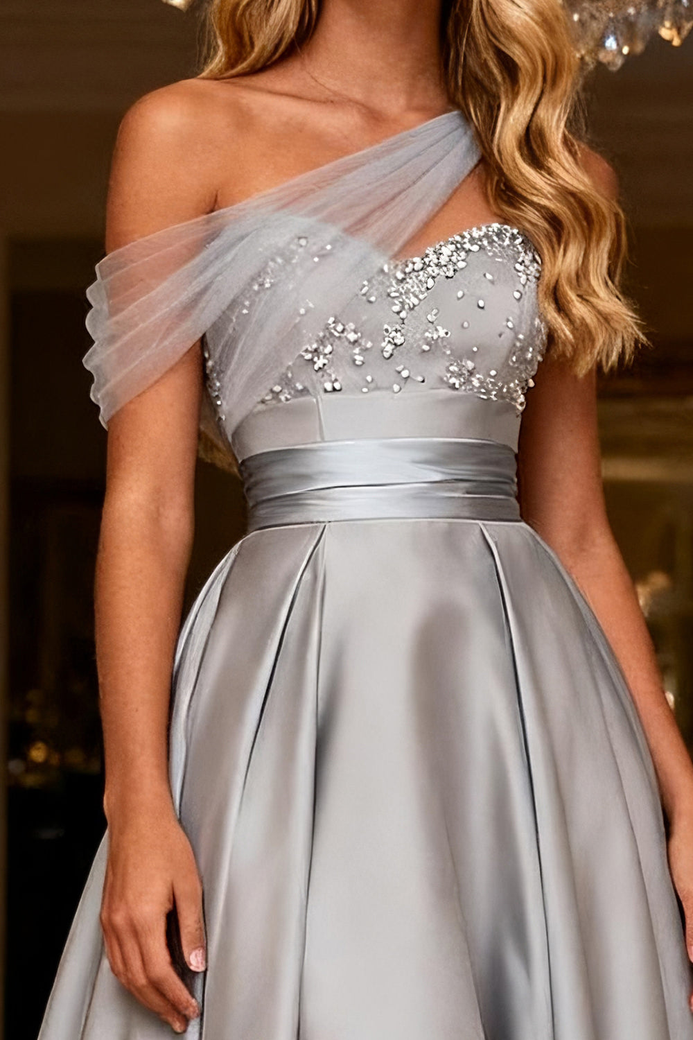 Sparkly Grey Satin A Line Long One Shoulder Prom Dress with Bow