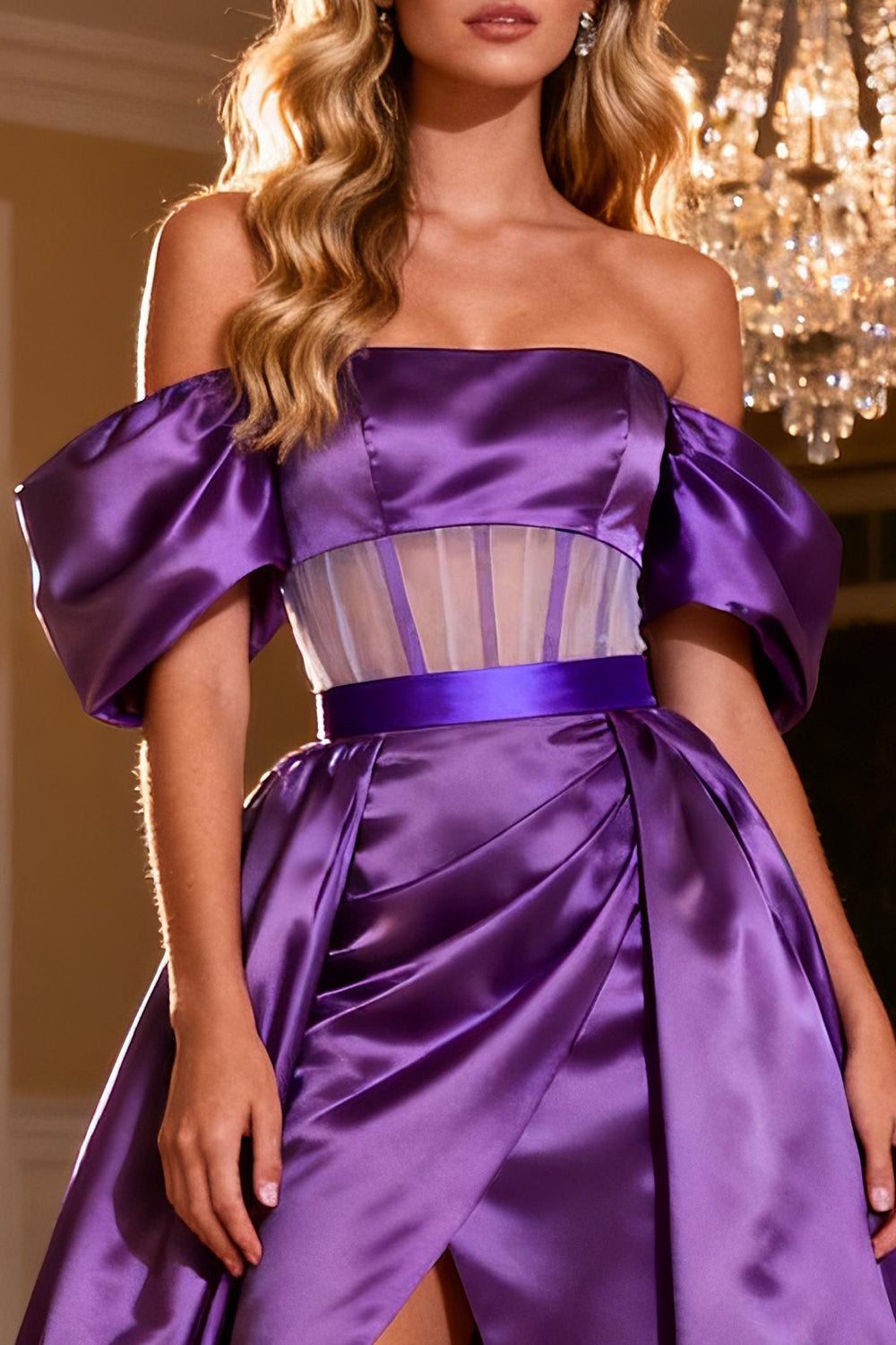 Purple Off the Shoulder Corset Satin Long Prom Dress with Slit