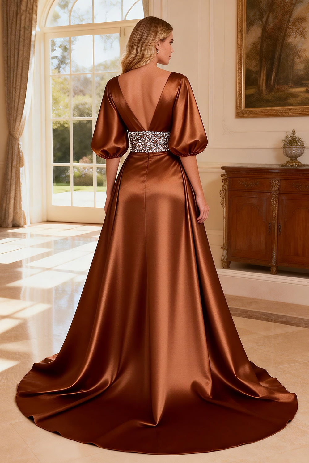 Sparkly Bronze Satin Beaded Long V-Neck Prom Dress with Slit