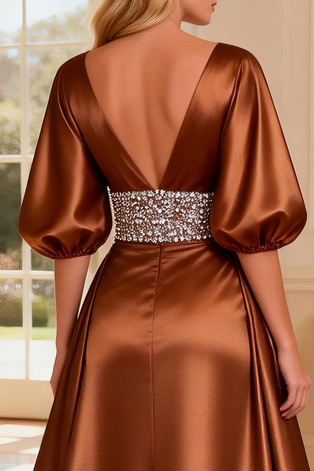 Sparkly Bronze Satin Beaded Long V-Neck Prom Dress with Slit