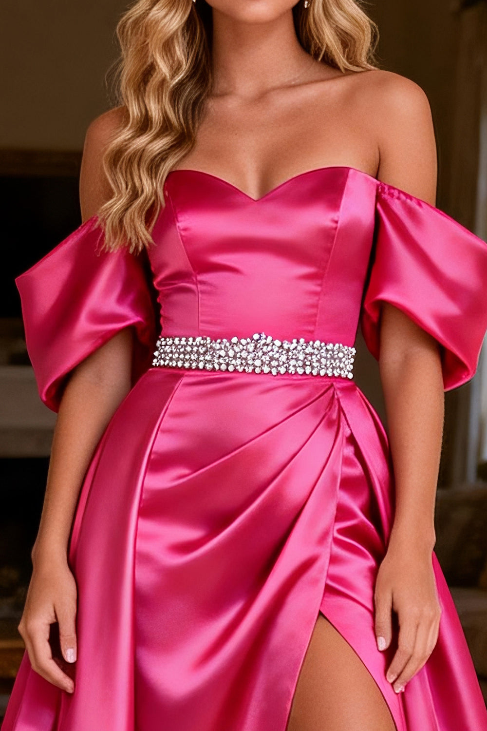 Sparkly Beaded Hot Pink Long Satin Prom Dress with Slit