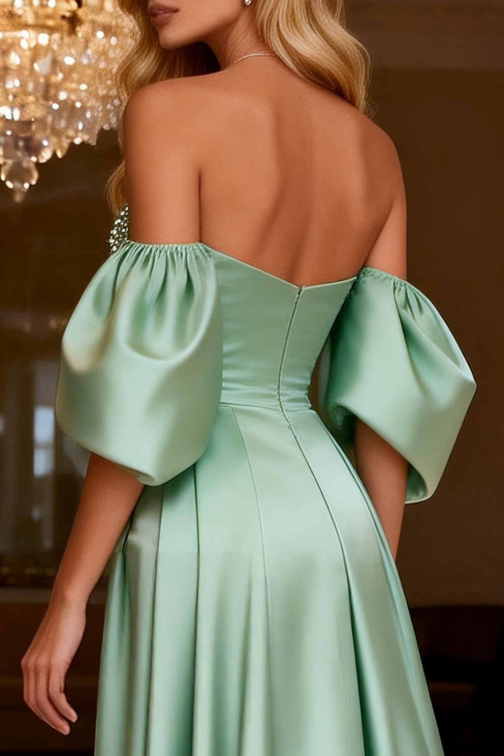 Sparkly Sage Green Satin Beaded Long Prom Dress with Slit