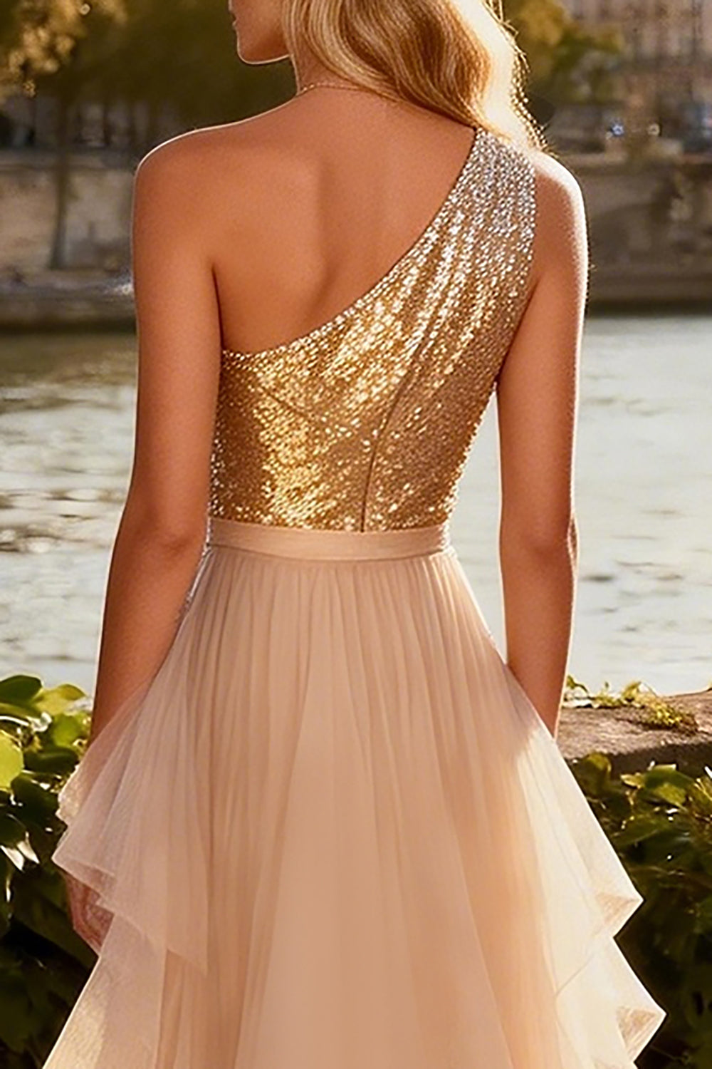 Sparkly Gold Ruffled Tiered Long Sequin Prom Dress with Cape