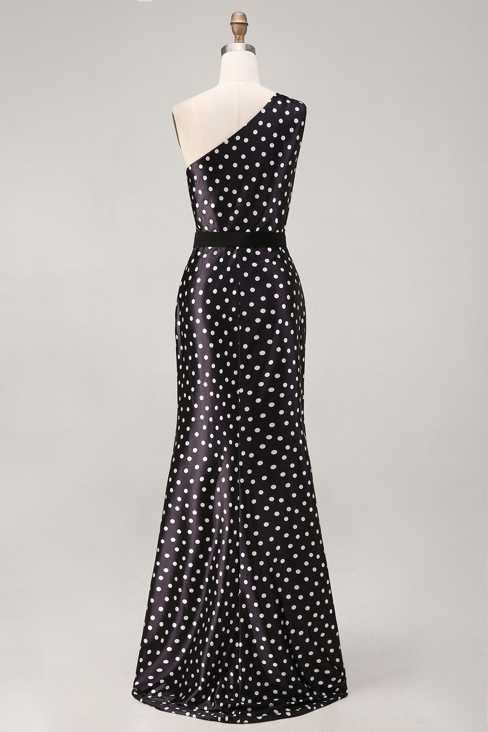 Black and White Polka Dots Long Satin Prom Dress with Slit
