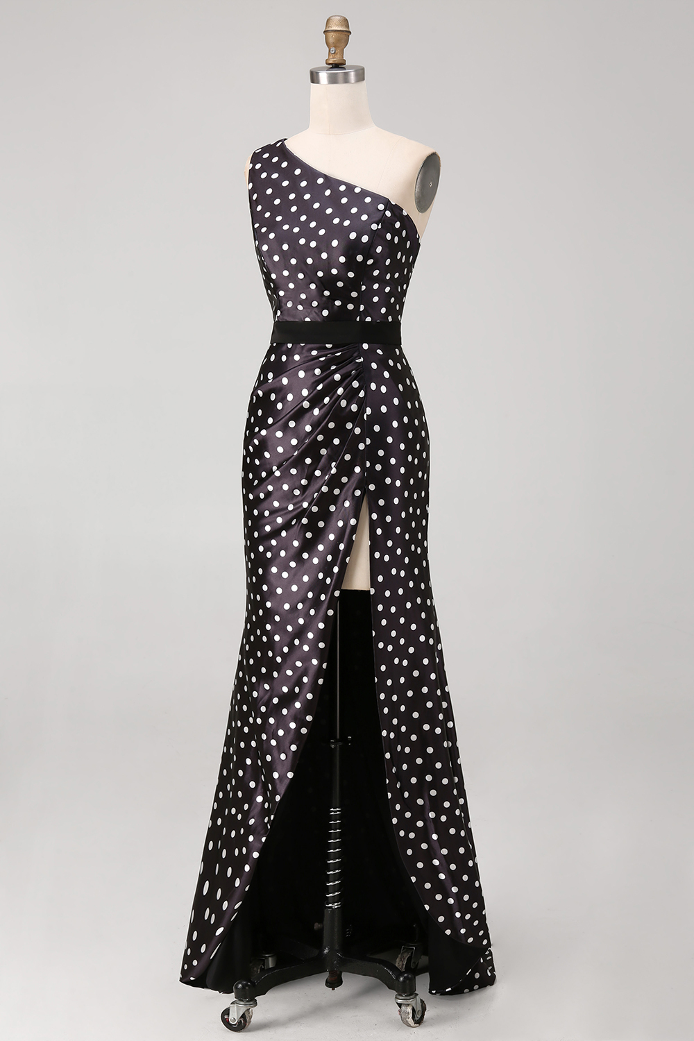Black and White Polka Dots Long Satin Prom Dress with Slit