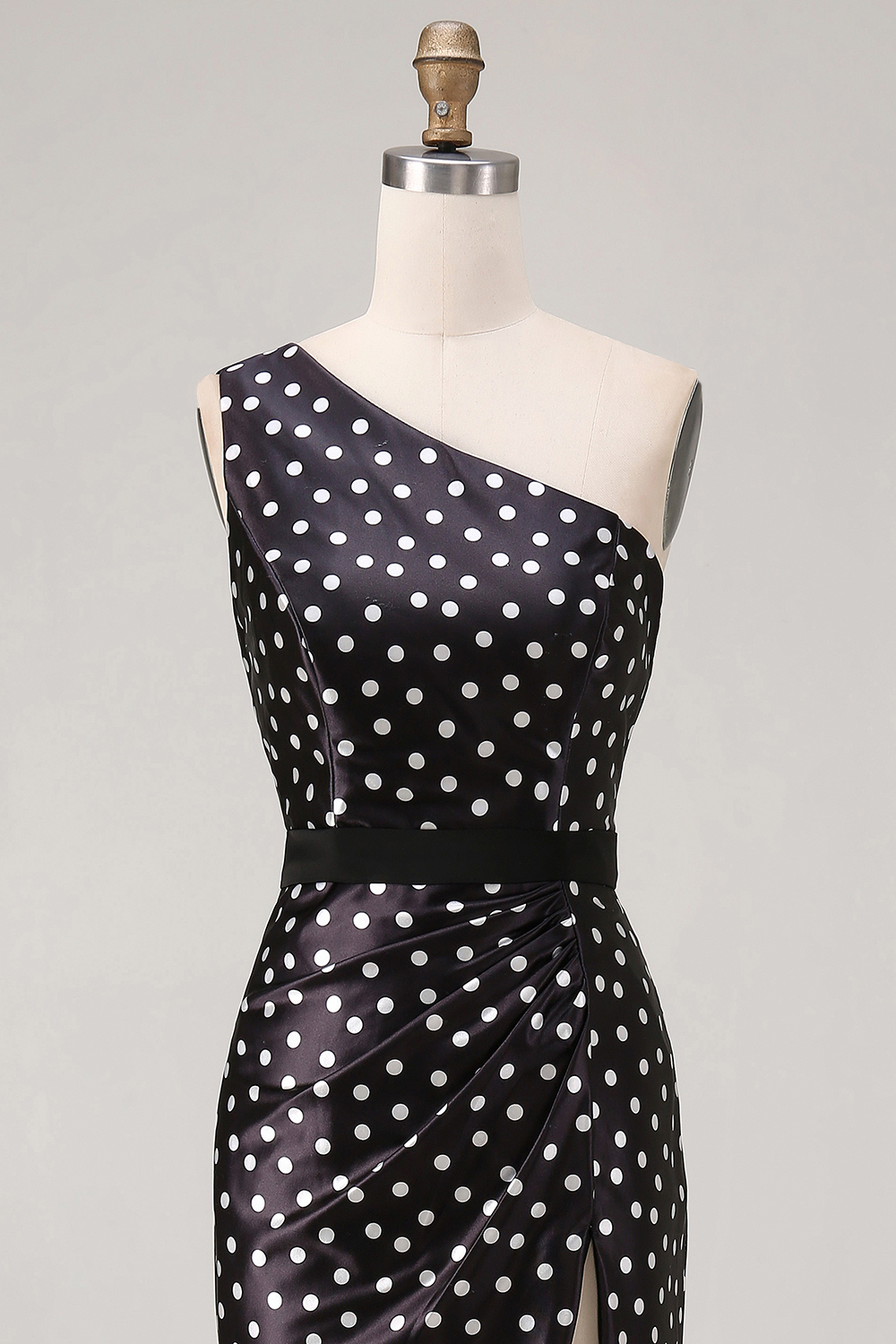 Black and White Polka Dots Long Satin Prom Dress with Slit
