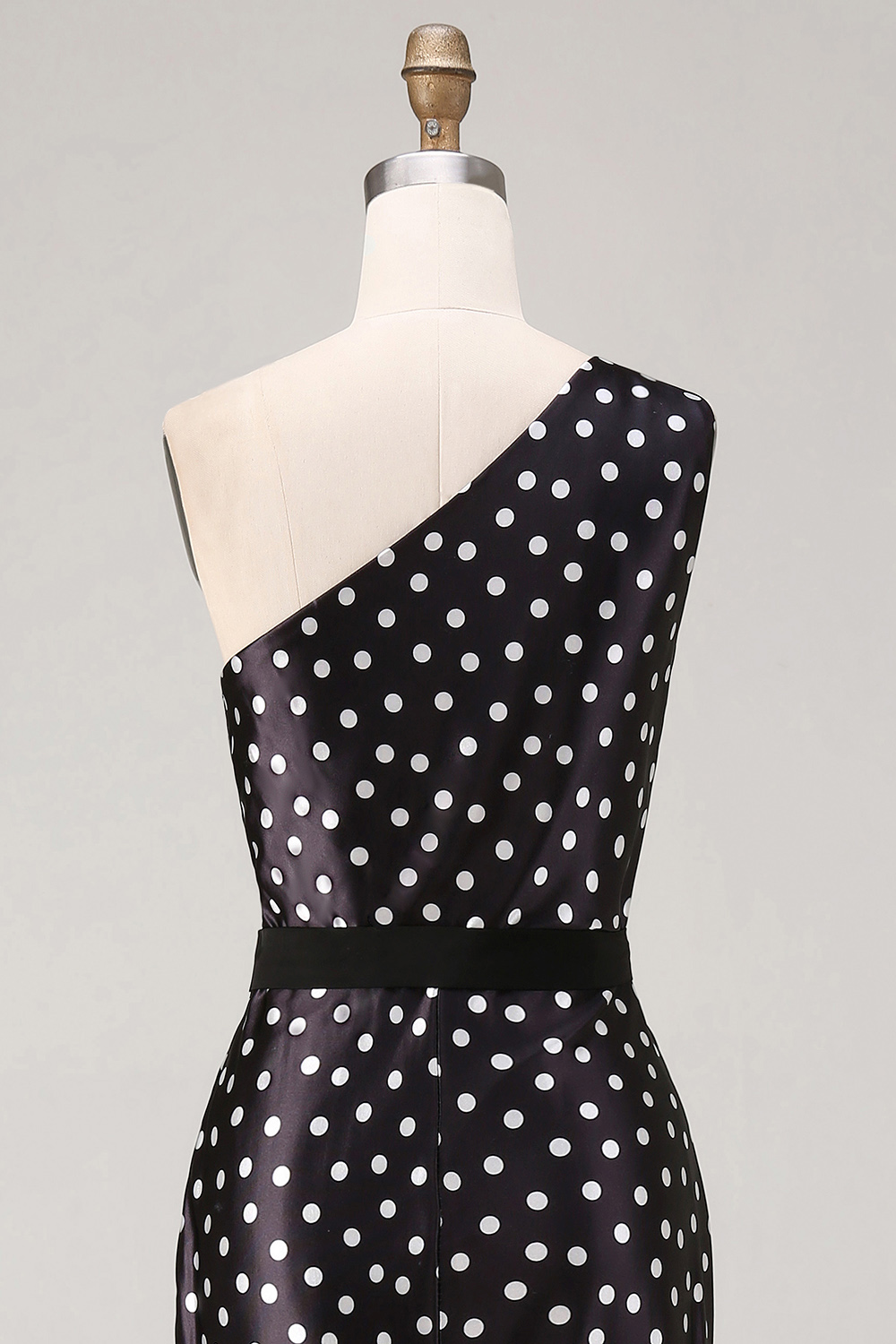 Black and White Polka Dots Long Satin Prom Dress with Slit