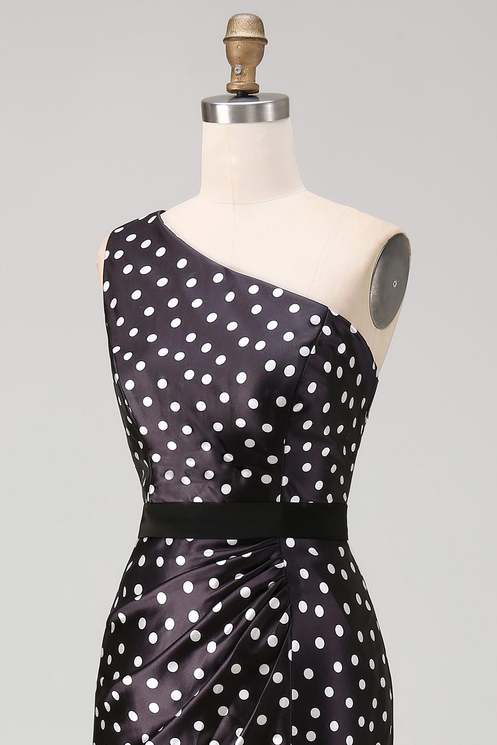 Black and White Polka Dots Long Satin Prom Dress with Slit