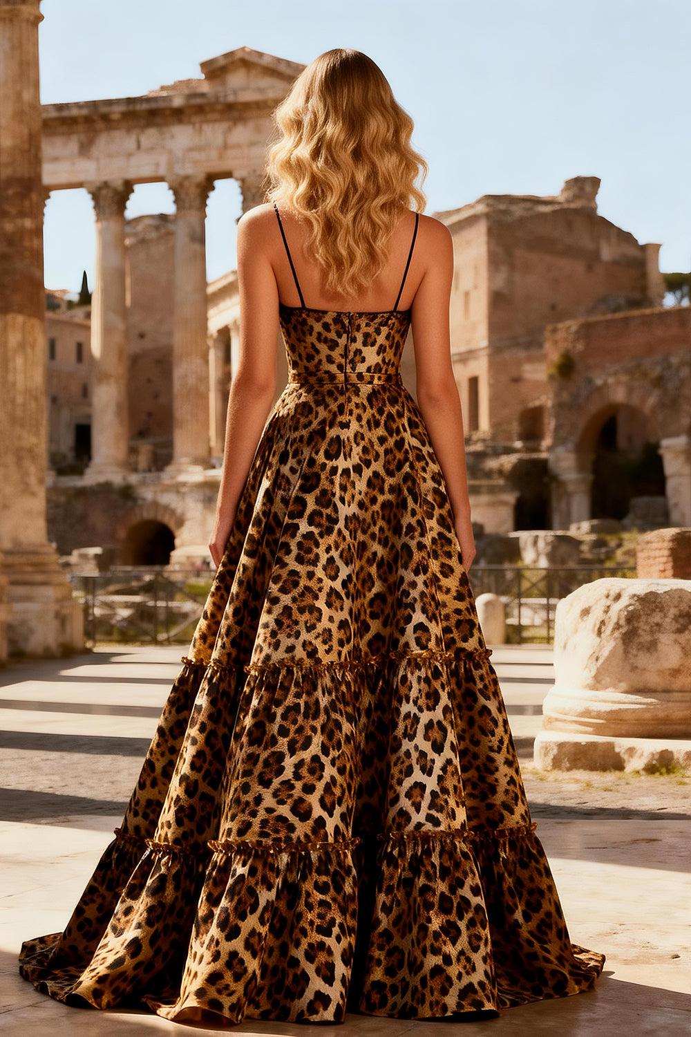 Khaki Leopard Print Ball Gown Tiered Spaghetti Straps Long Prom Dress