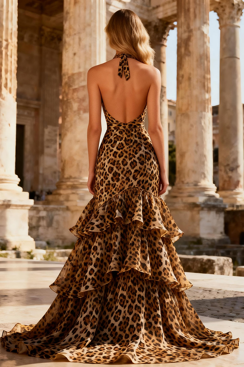 Khaki Halter Leopard Print Backless Long Mermaid Prom Dress with Ruffles