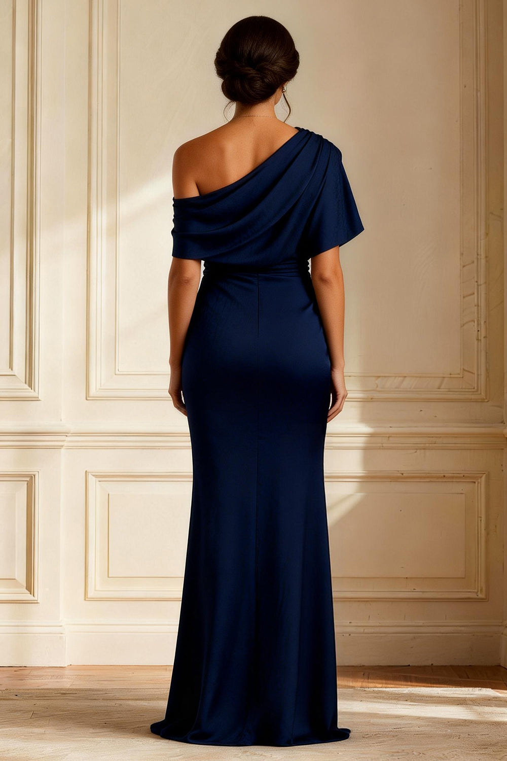 Navy Mermaid Asymmetrical Neck Long Wedding Guest Dress with Slit
