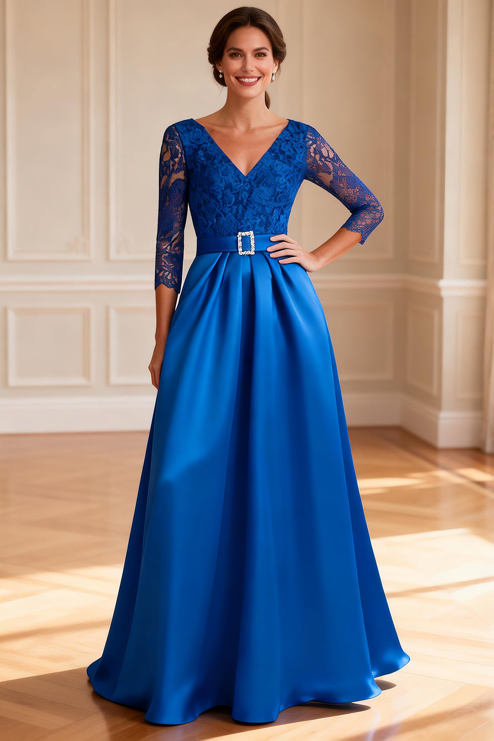 Sparkly Royal Blue Long V Neck Wedding Guest Dress with Lace