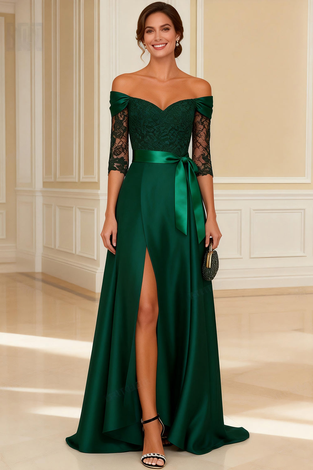 Dark Green Long Off the Shoulder Wedding Guest Dress with Lace