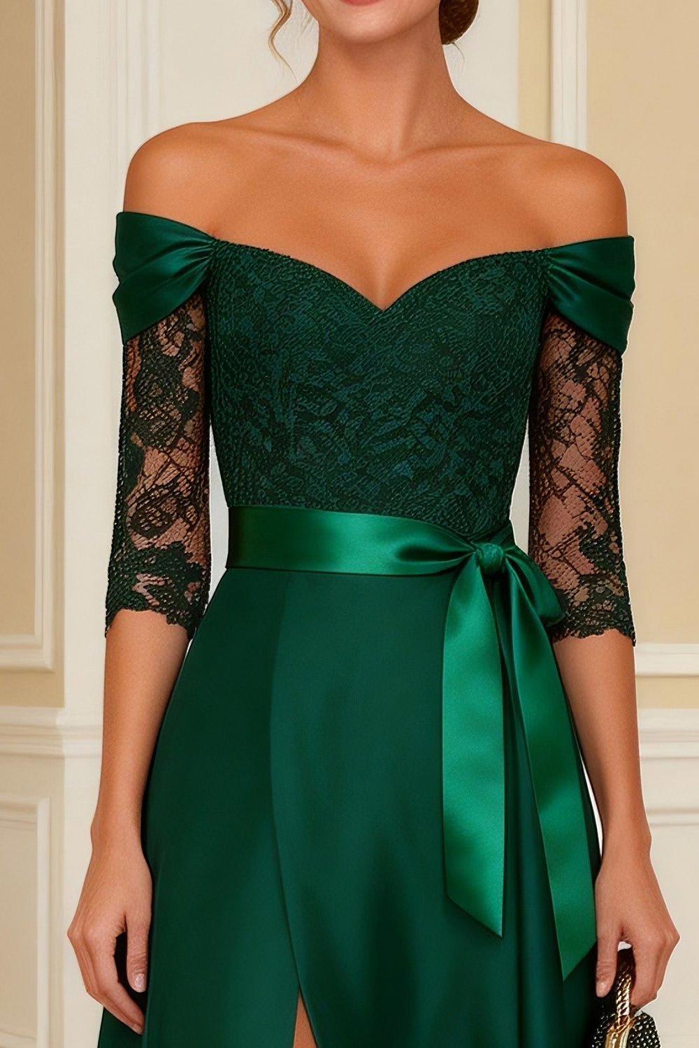 Dark Green Long Off the Shoulder Wedding Guest Dress with Lace