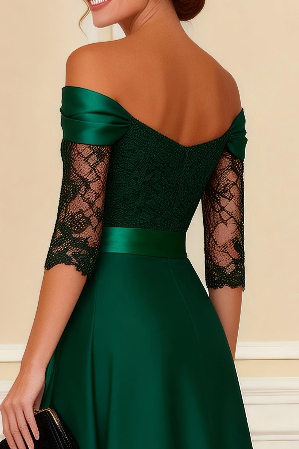 Dark Green Long Off the Shoulder Wedding Guest Dress with Lace