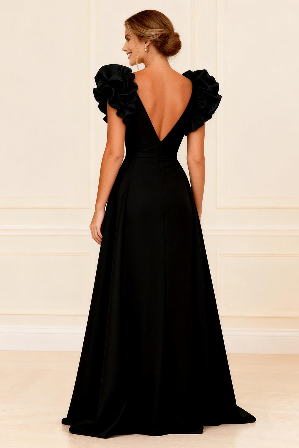 Black Ruffled V-Neck A-Line Long Wedding Guest Dress