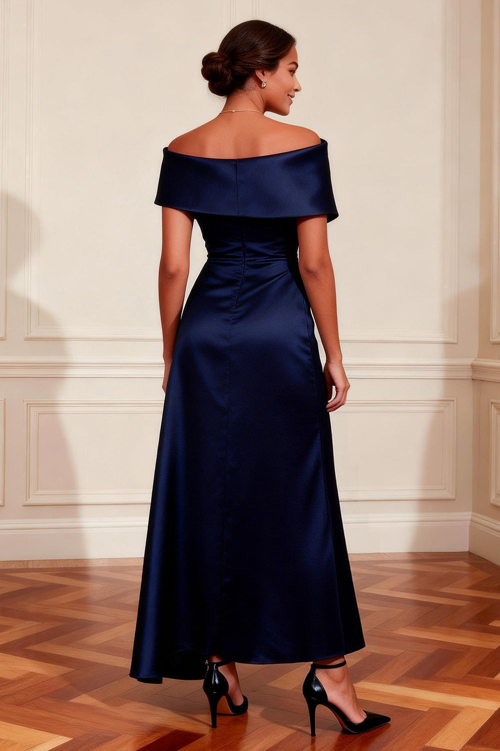 Navy A Line Off the Shoulder Long Wedding Guest Dress with Slit