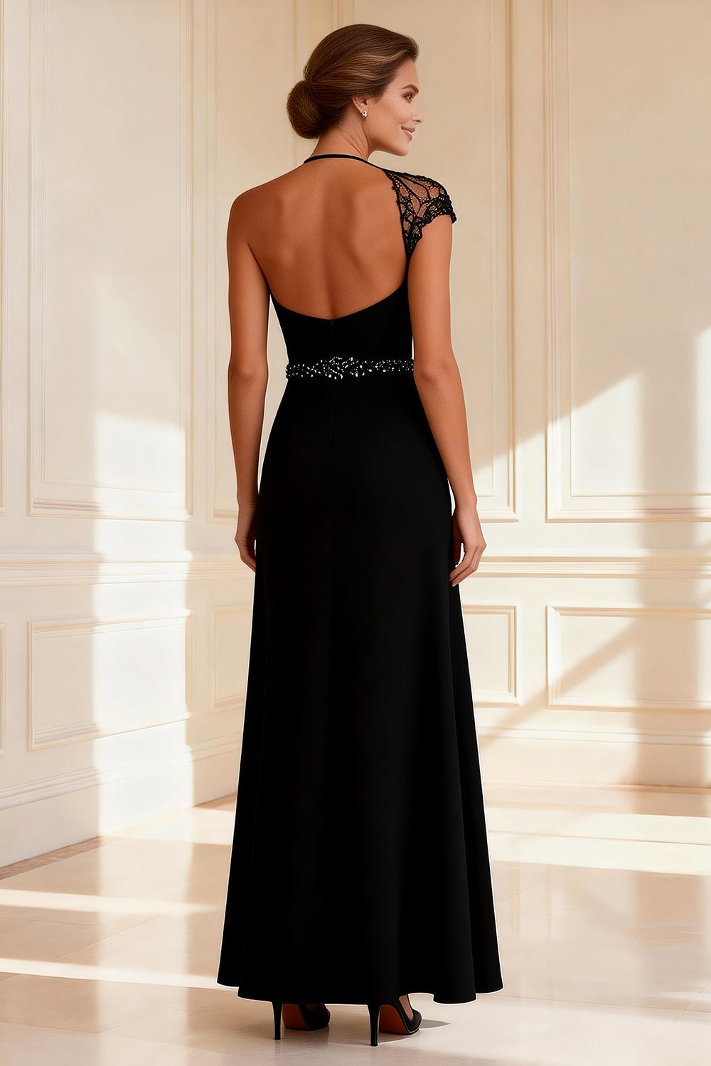 Sparkly Black Round Neck Long Sheath Wedding Guest Dress with Slit