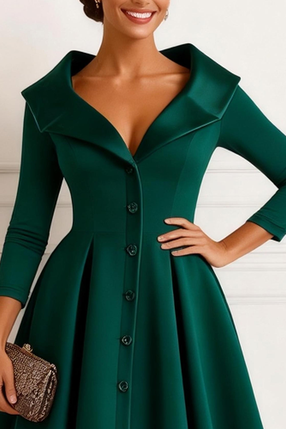 Dark Green A-Line V-Neck Midi Wedding Guest Dress with Buttons