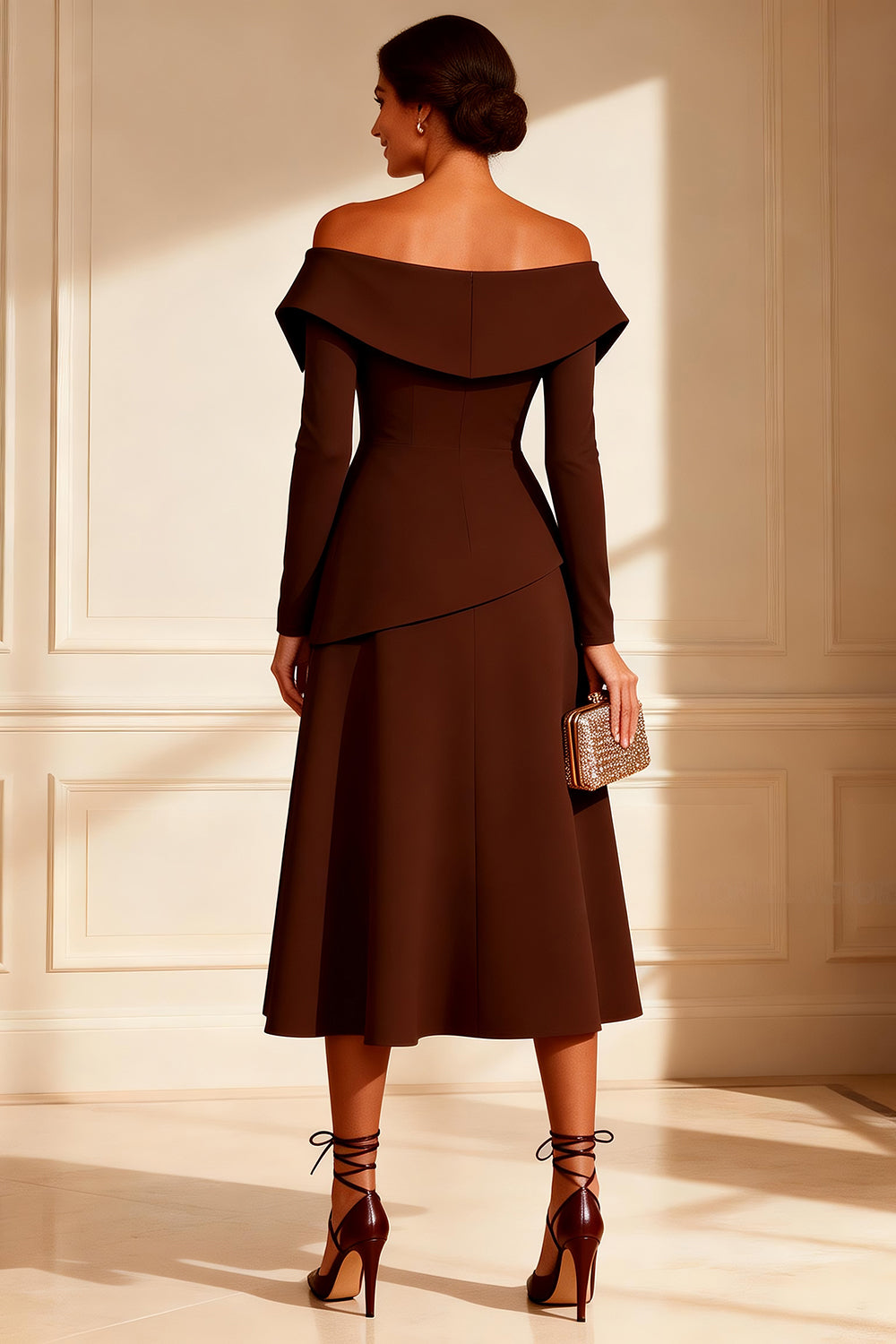 Chocolate Midi Off the Shoulder Wedding Guest Dress with Slit