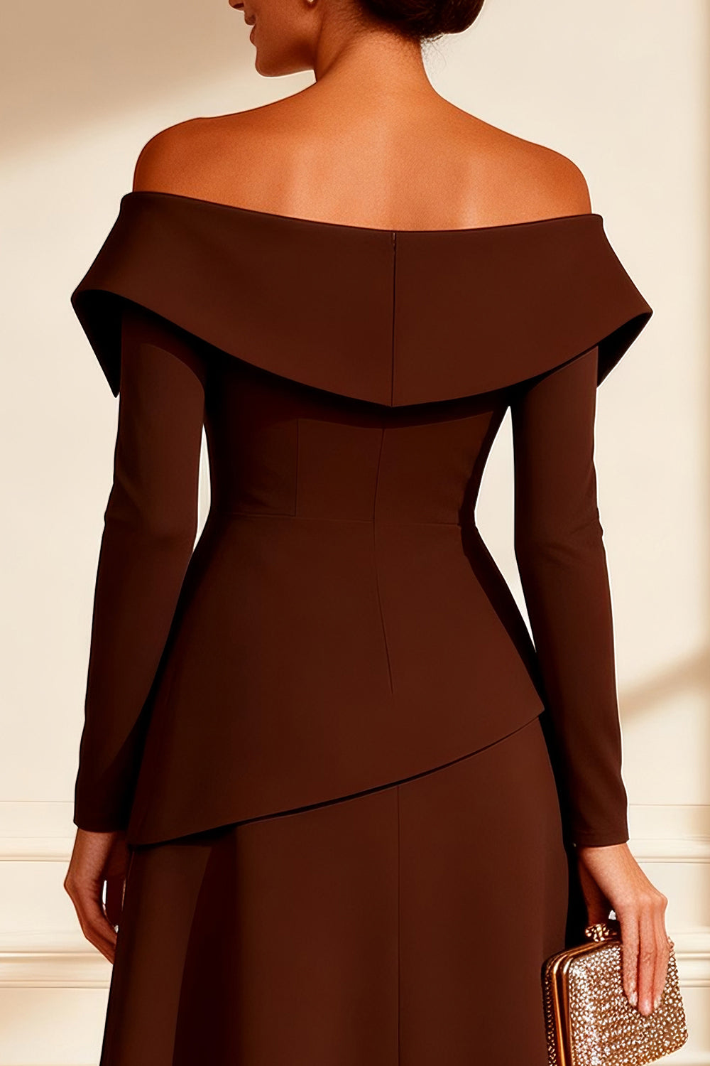Chocolate Midi Off the Shoulder Wedding Guest Dress with Slit