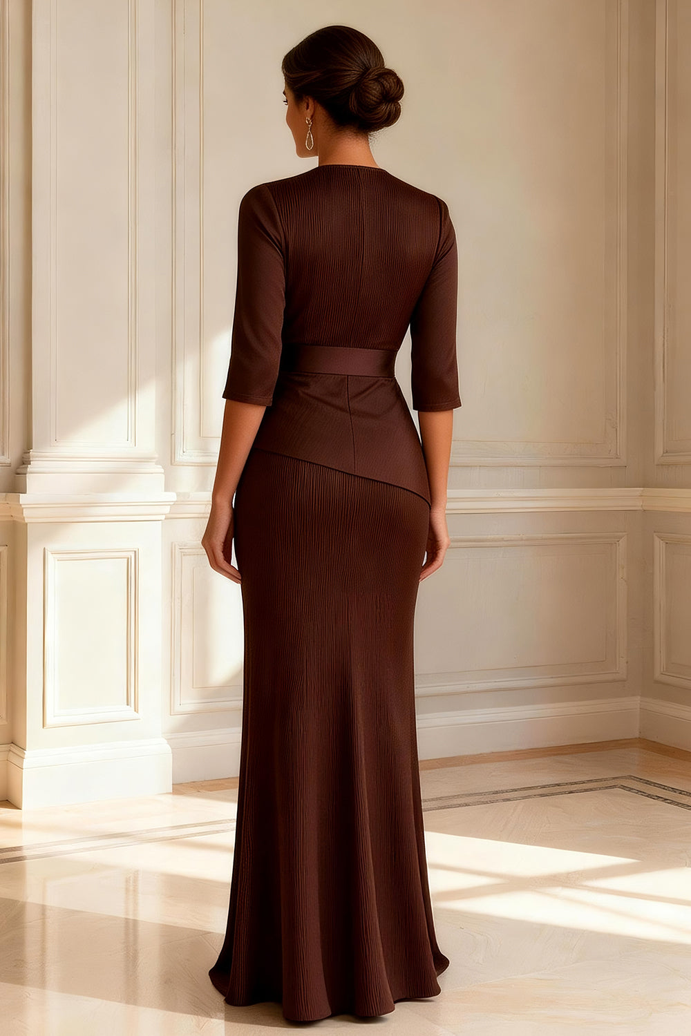 Chocolate Round Neck Long Sheath Wedding Guest Dress with Slit
