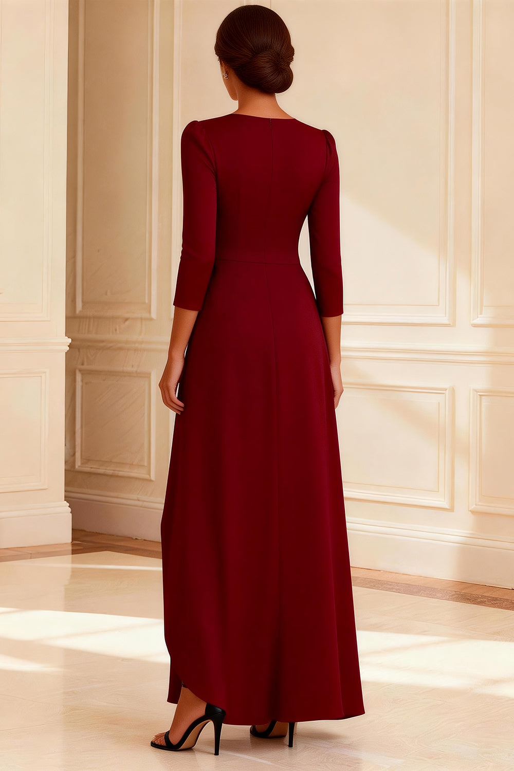 Burgundy Ruched V-Neck Long Wedding Guest Dress with Slit